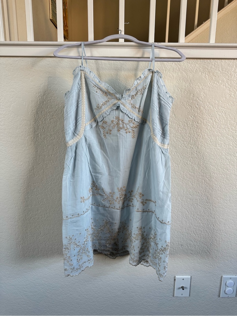 Anthropologie Light Blue Embroidered Slip Dress